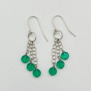 Sterling Silver Green Glass Disc Bead Dangle Earrings 925